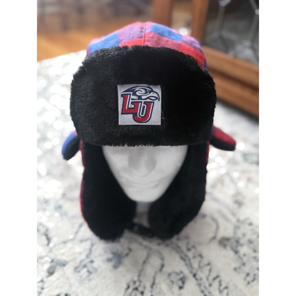 Liberty University LU Flames Buffalo Plaid Trapper Hat Red Faux Fur Trim